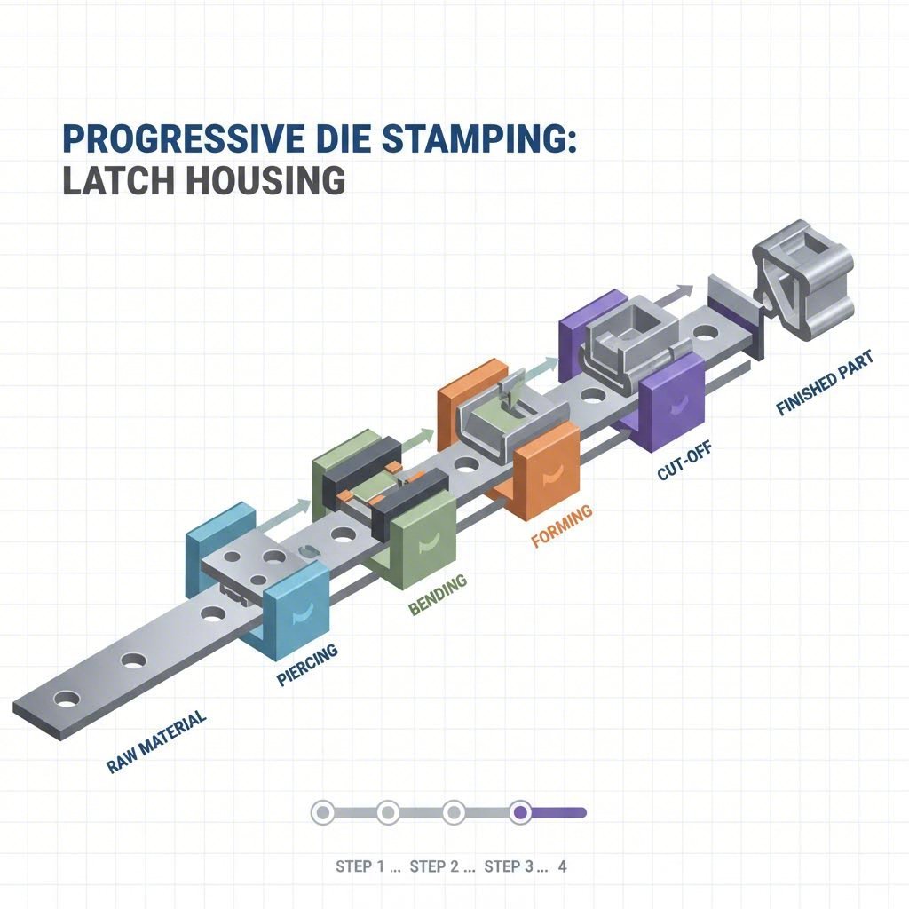 Progressive die strip layout illustrating the multi step stamping process for latch housings