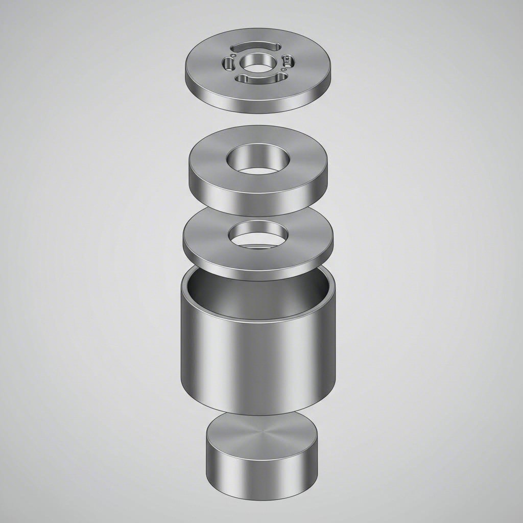 exploded view of the complete press tooling stack showing essential die assembly components