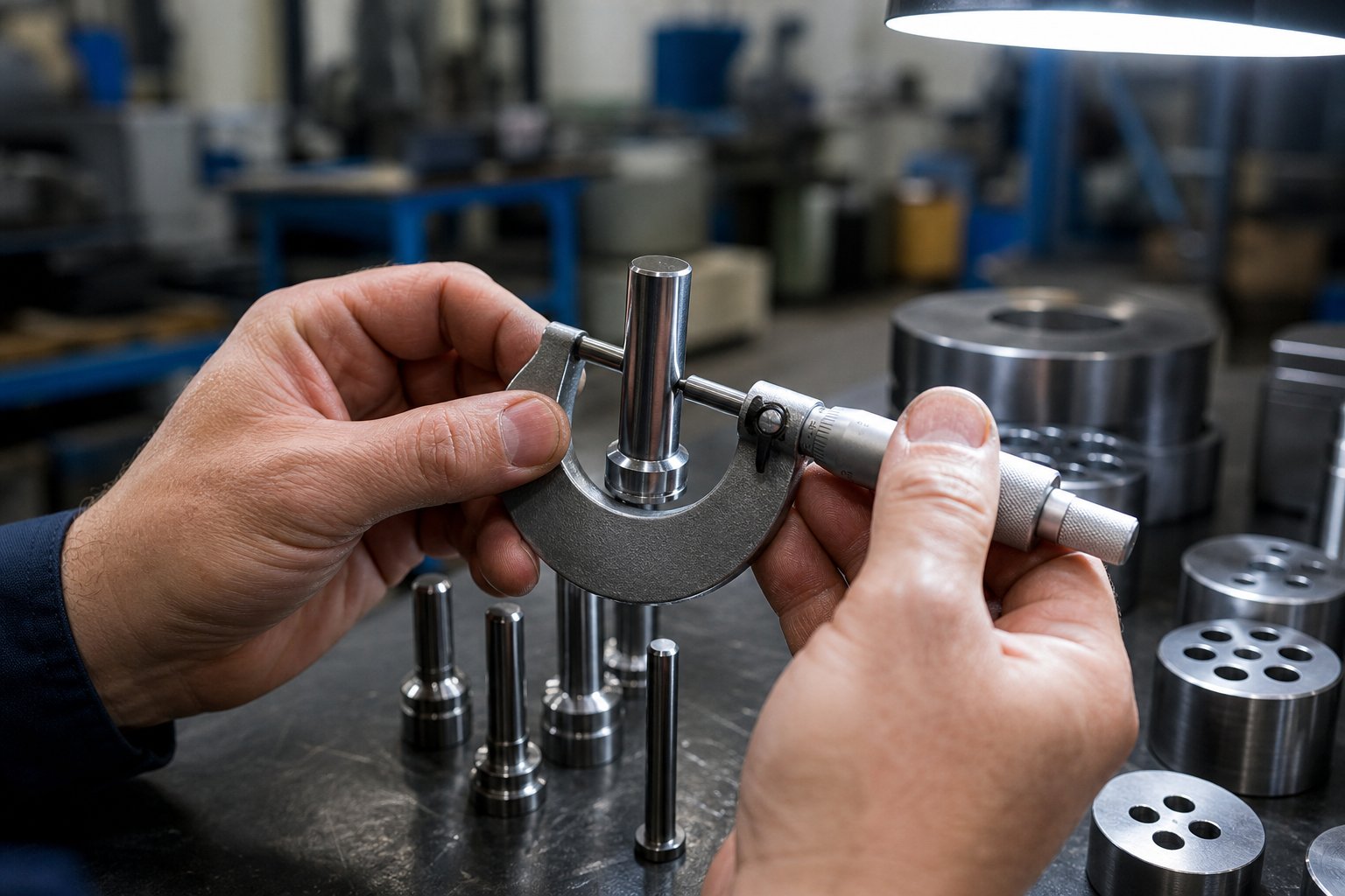 die technician measuring punch dimensions with a micrometer during component level inspection
