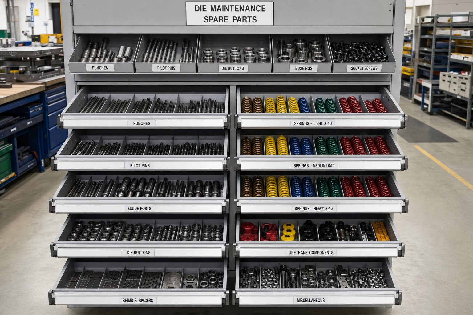 organized spare parts inventory for stamping dies with labeled components ready for scheduled replacements