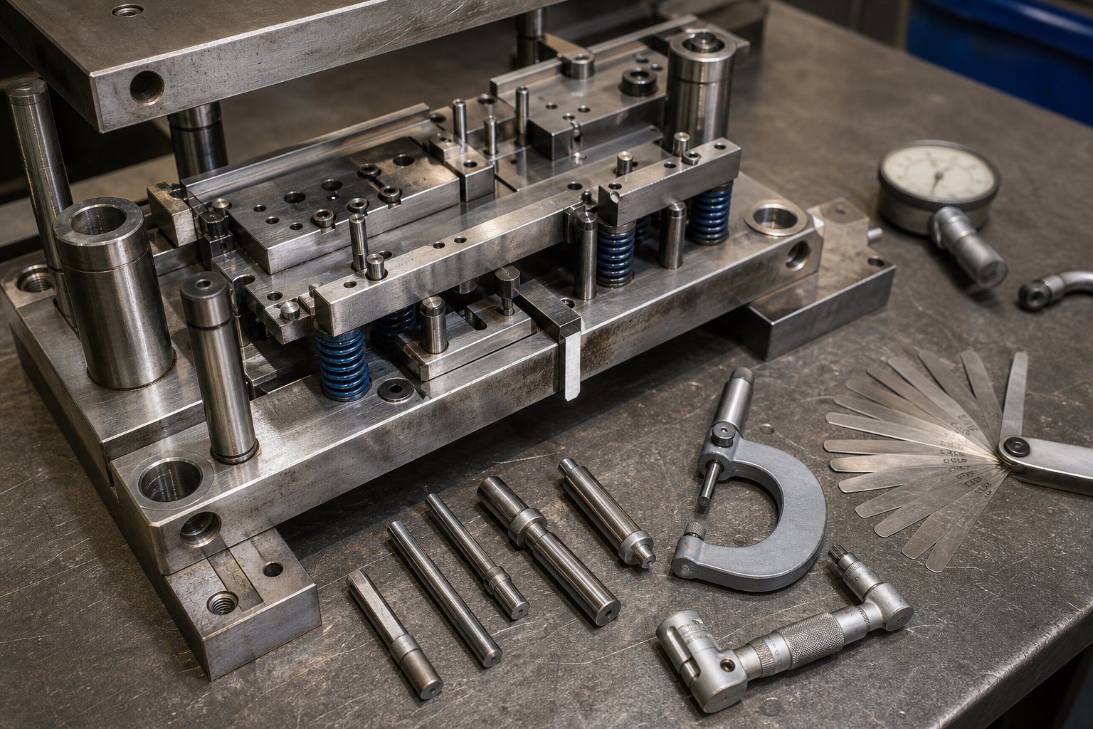 stamping die components arranged on a maintenance bench with precision inspection tools for scheduled service