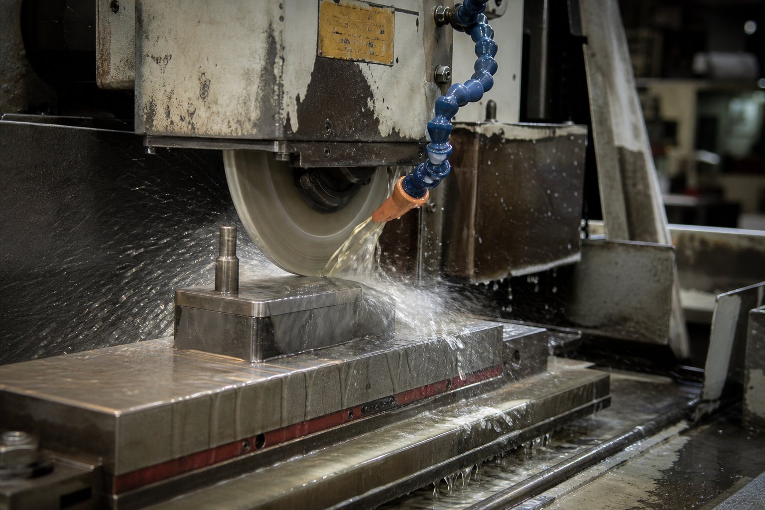 surface grinder sharpening a stamping die punch with flood coolant to prevent thermal damage