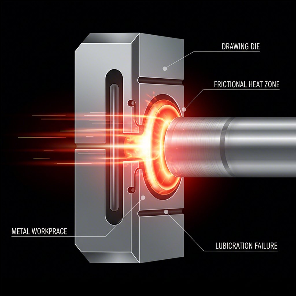 illustration of heat and friction buildup in a drawing die due to poor lubrication