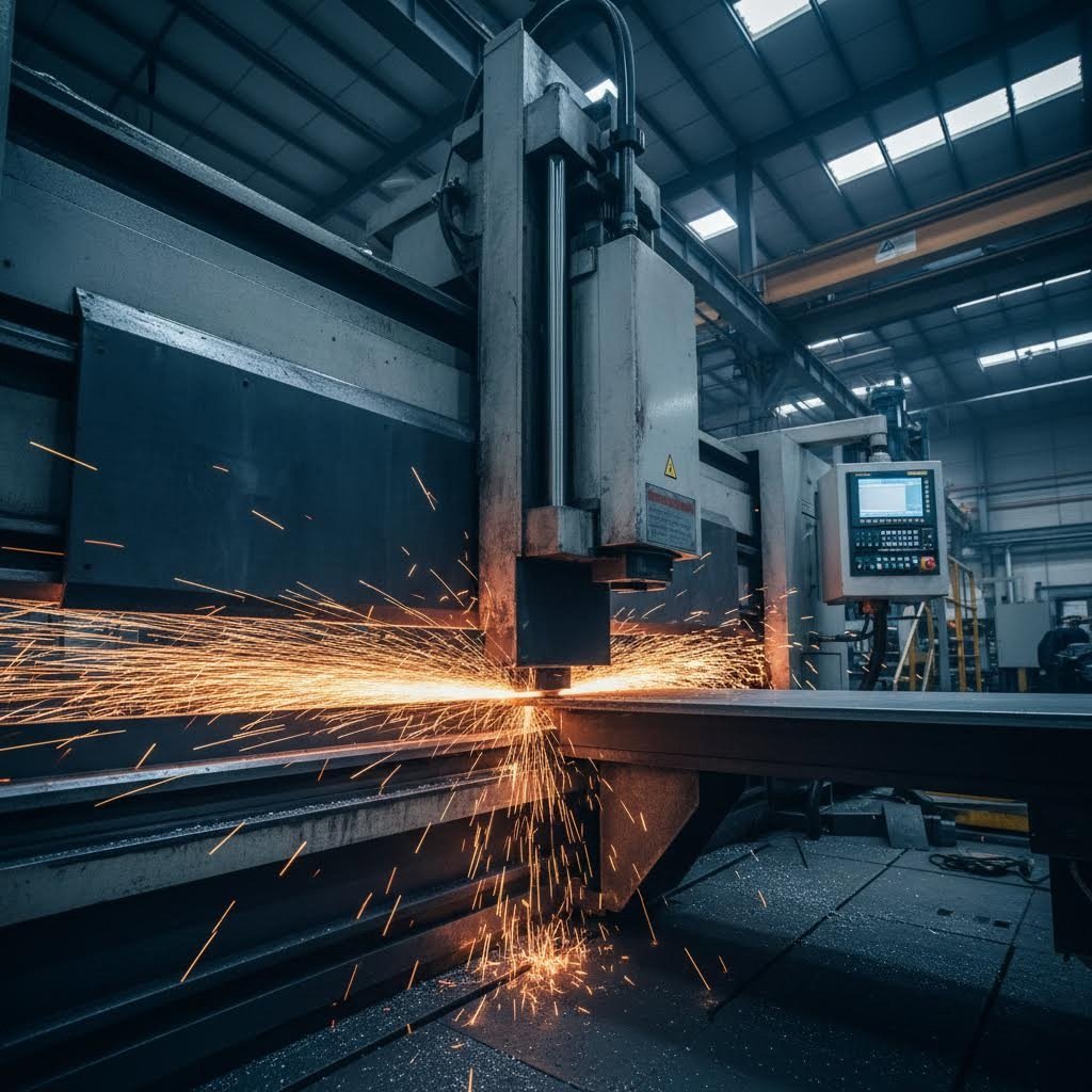 industrial hydraulic shearing machine cutting steel plate in a manufacturing facility