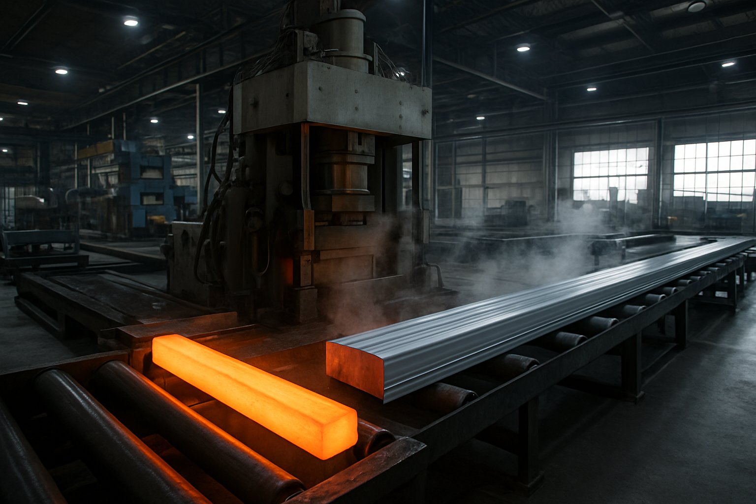 simplified aluminum extrusion line from press to cooling and cutting