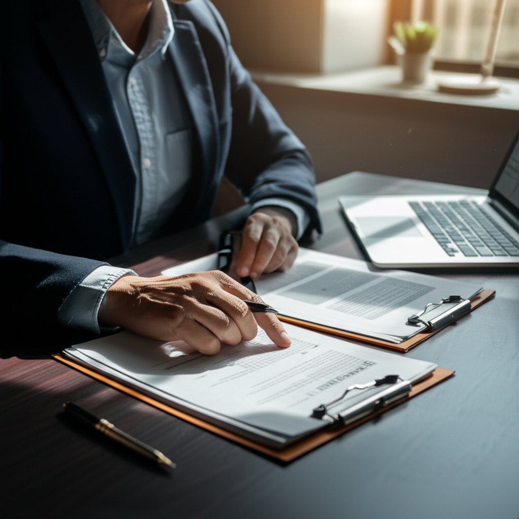 business professional evaluating inspection company reports and credentials