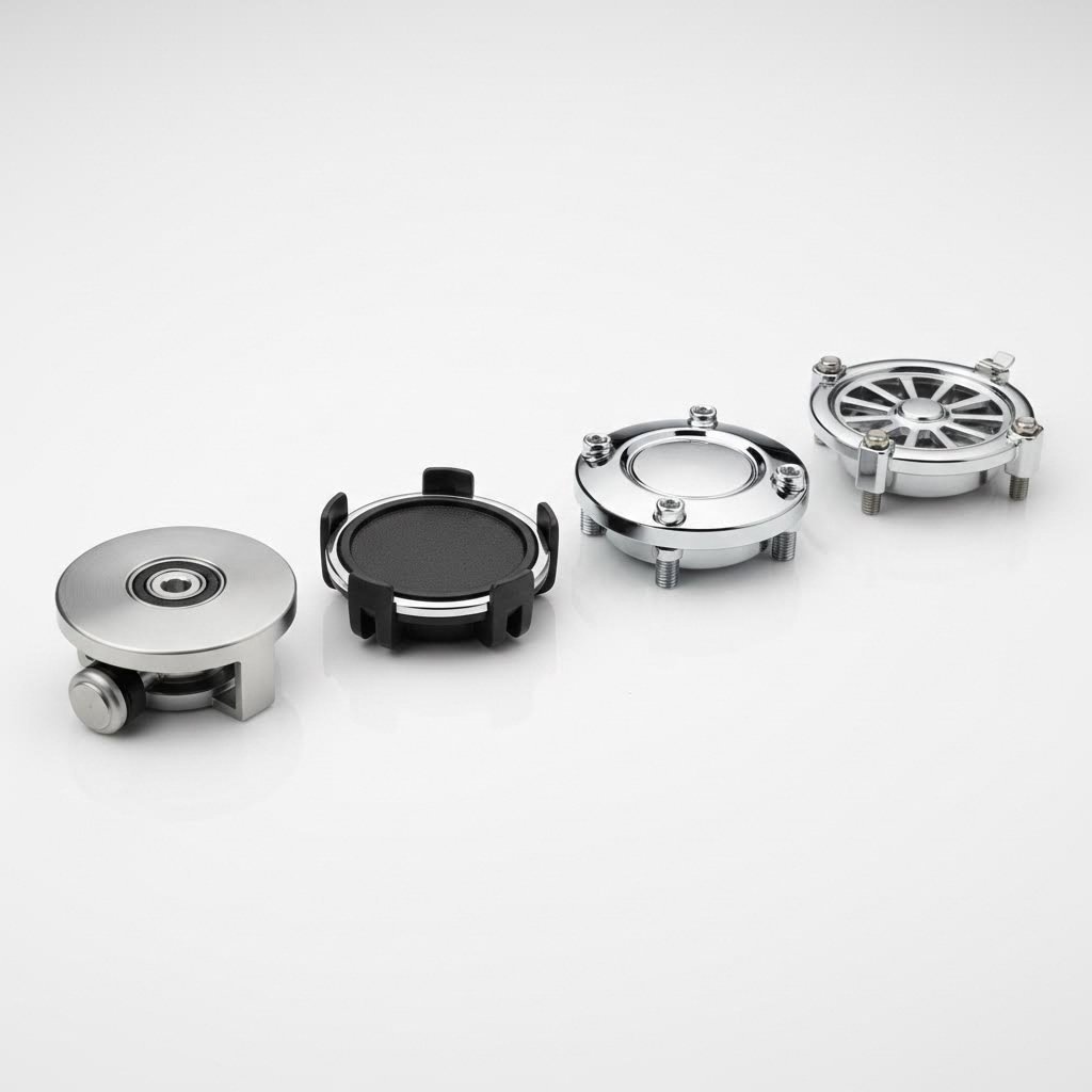 different center cap types including floating push through bolt on and spinner designs