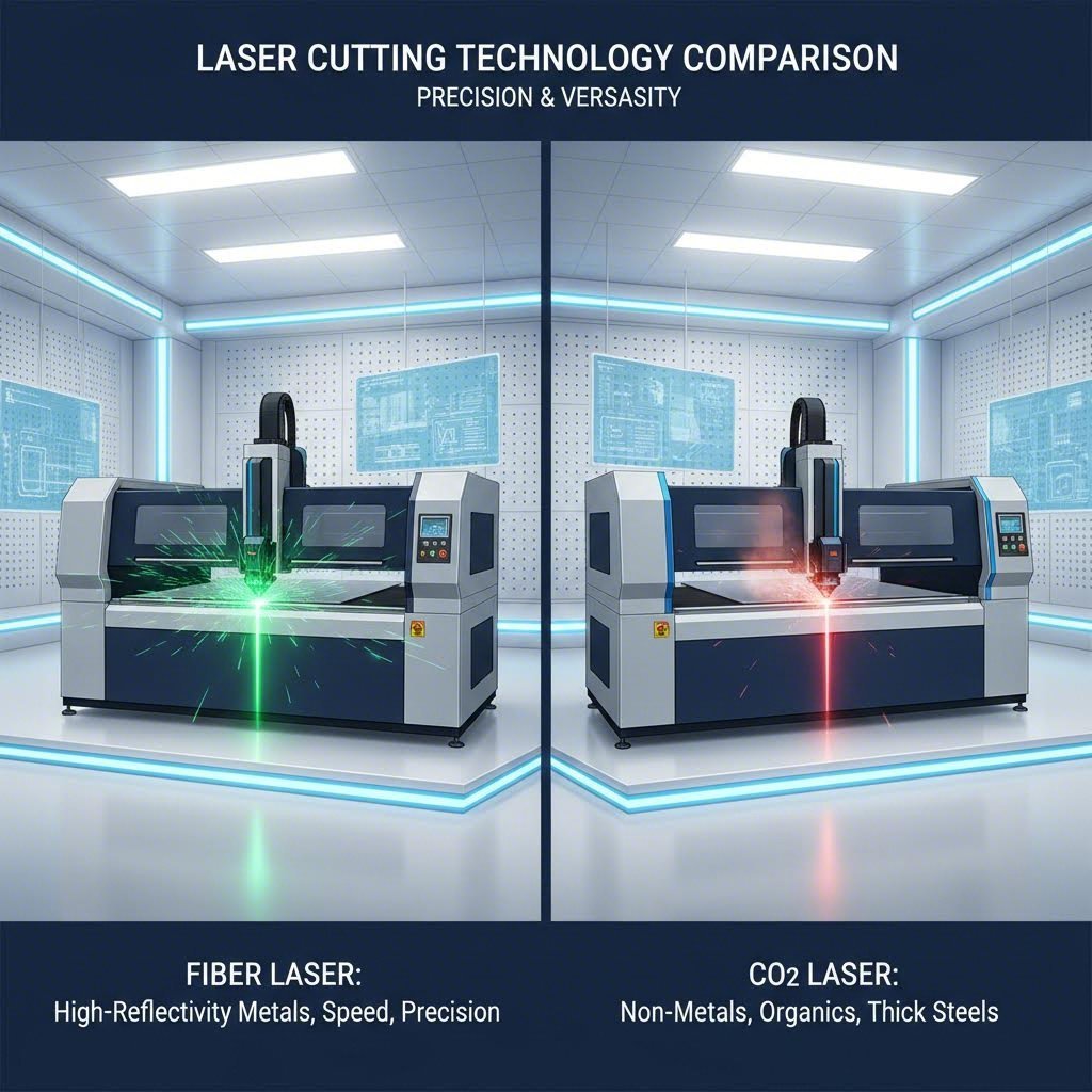 fiber laser versus co2 laser systems showing different beam wavelengths for metal cutting