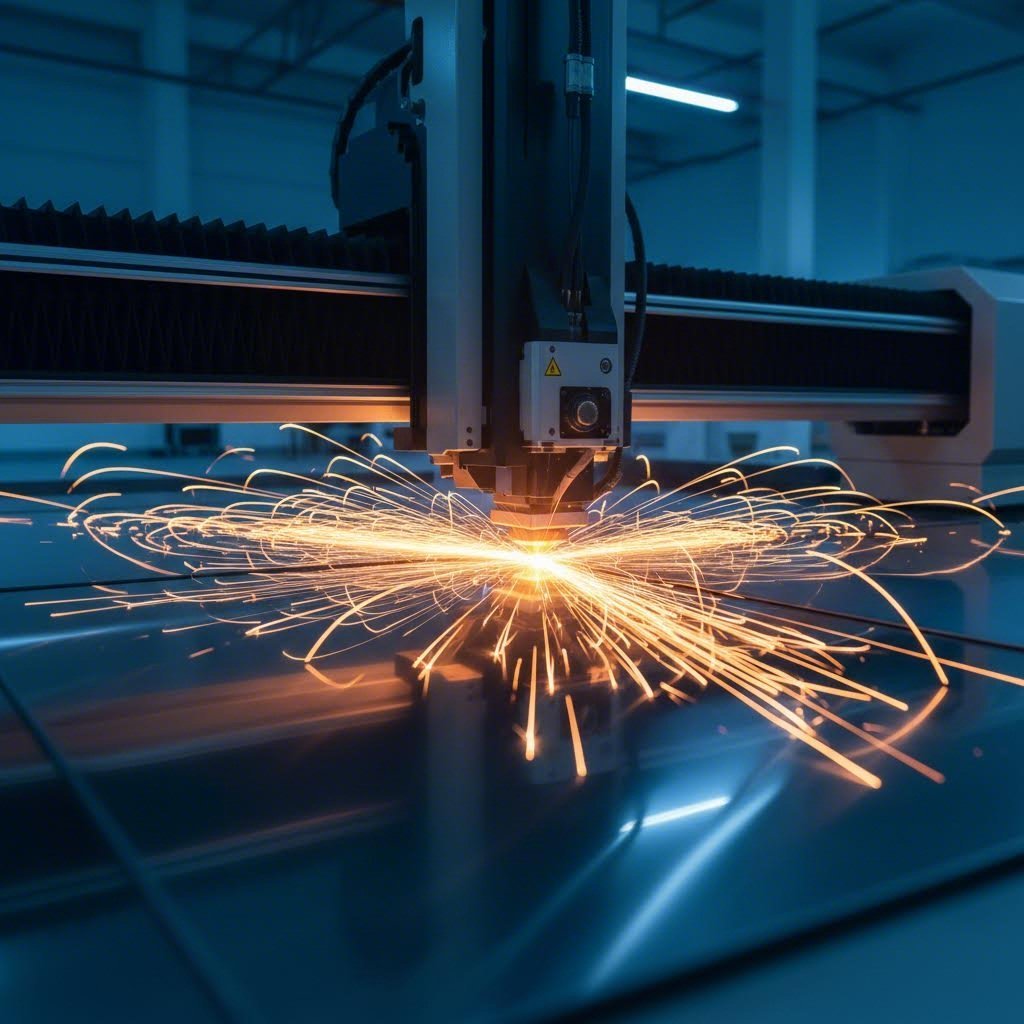 industrial fiber laser precisely cutting through sheet metal in a modern manufacturing facility