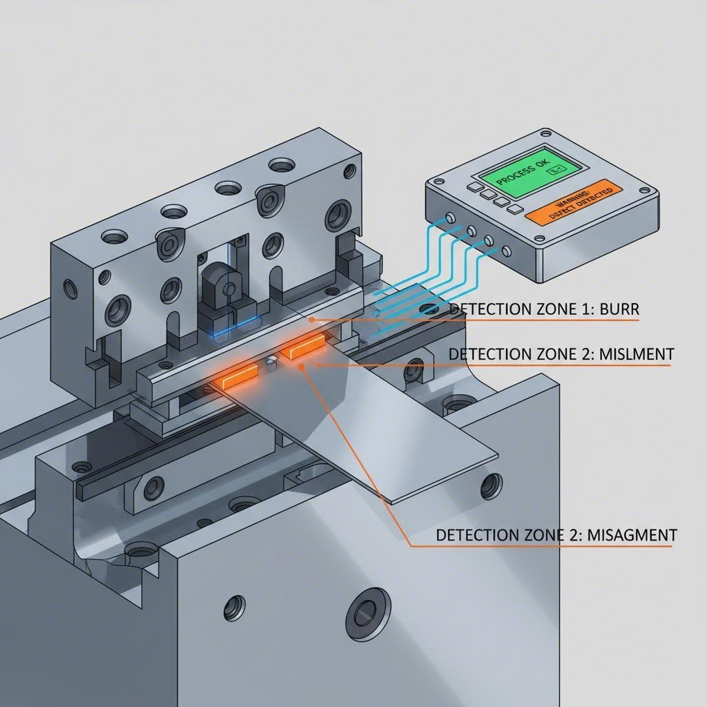 Cross section of smart stamping die with in die sensors for defect prevention