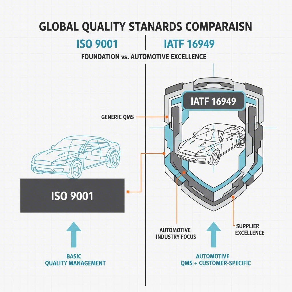 Visual comparison of ISO 9001 vs IATF 16949 regulatory scope in automotive manufacturing