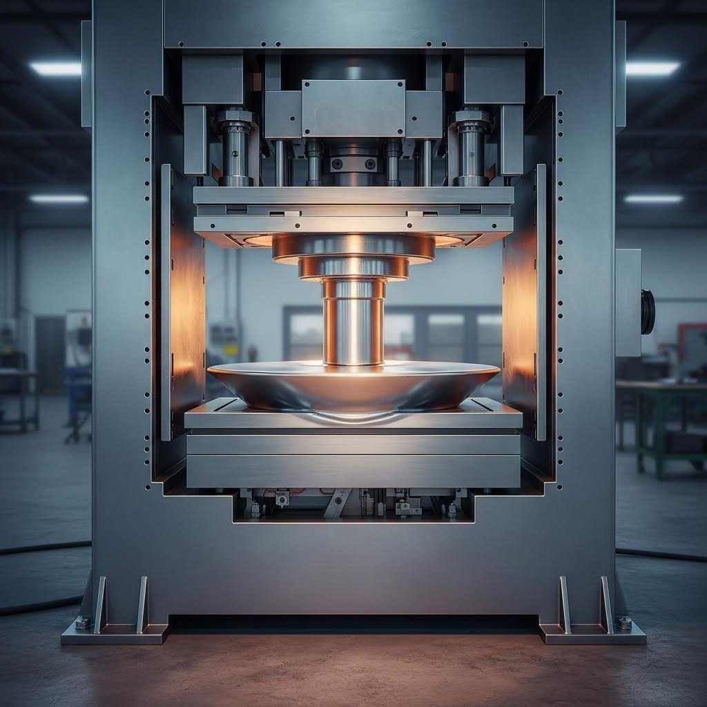 deep drawing process pulls aluminum blanks into complex cup shaped components