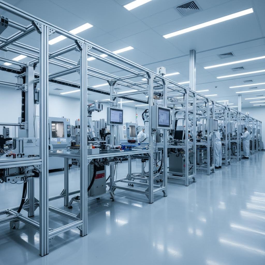 aluminum extrusion frames support industrial workstations and machine enclosures