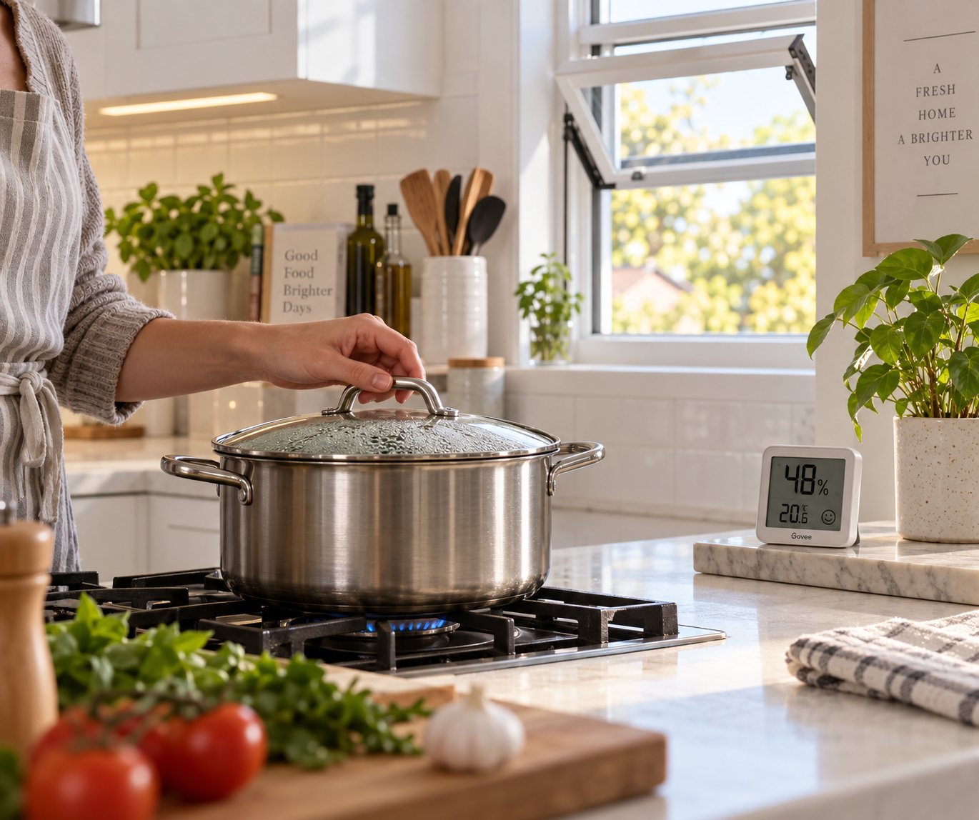 simple habits like using pan lids while cooking significantly reduce indoor moisture levels