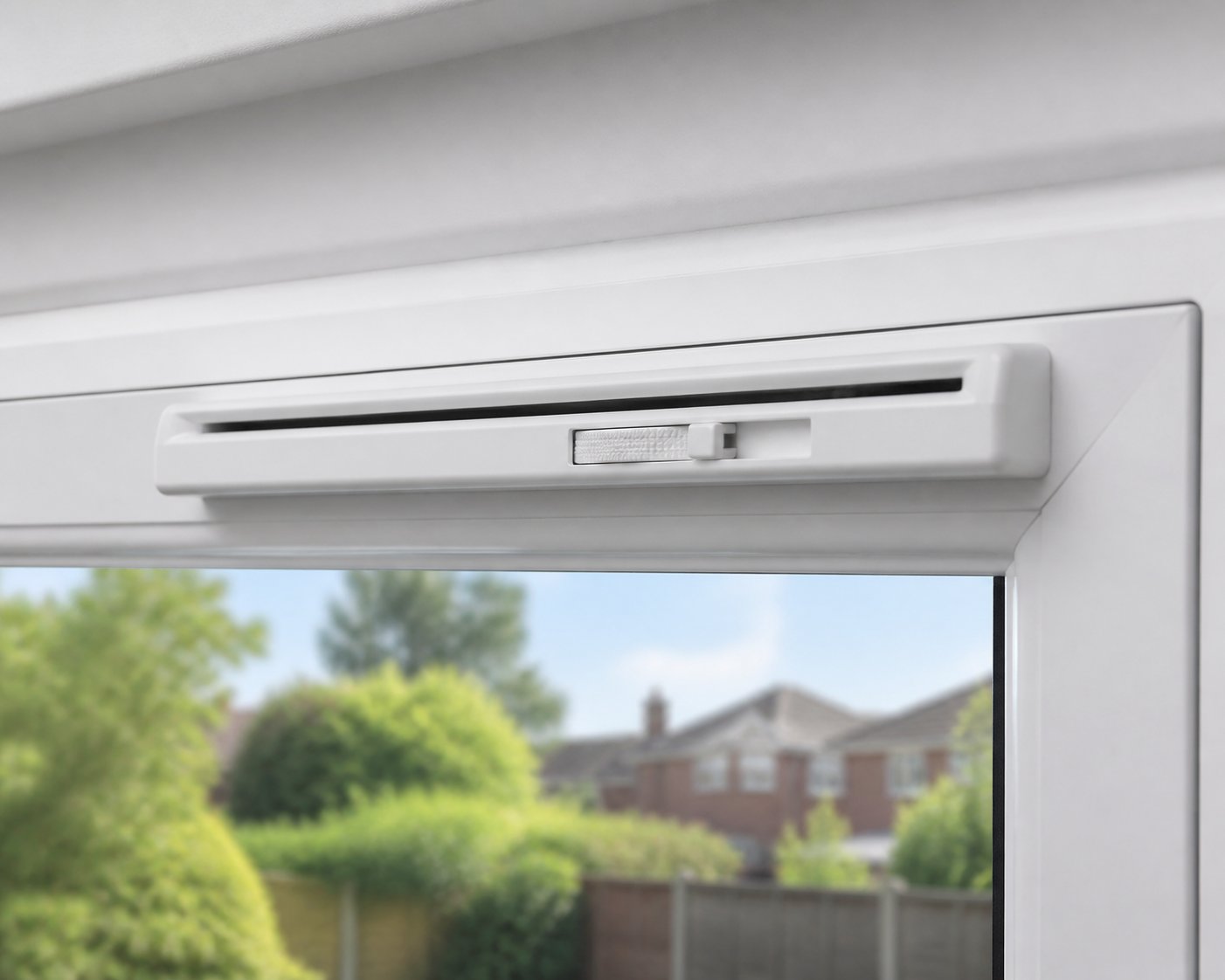 a standard trickle vent with adjustable slider fitted neatly into the head of a upvc window frame