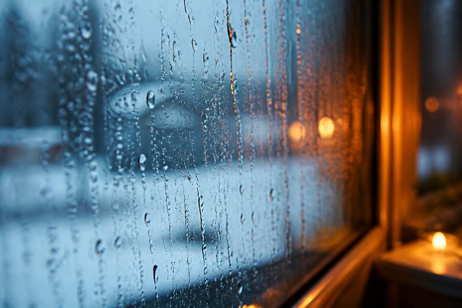 condensation forms when warm moist indoor air meets a glass surface cold enough to reach the dew point