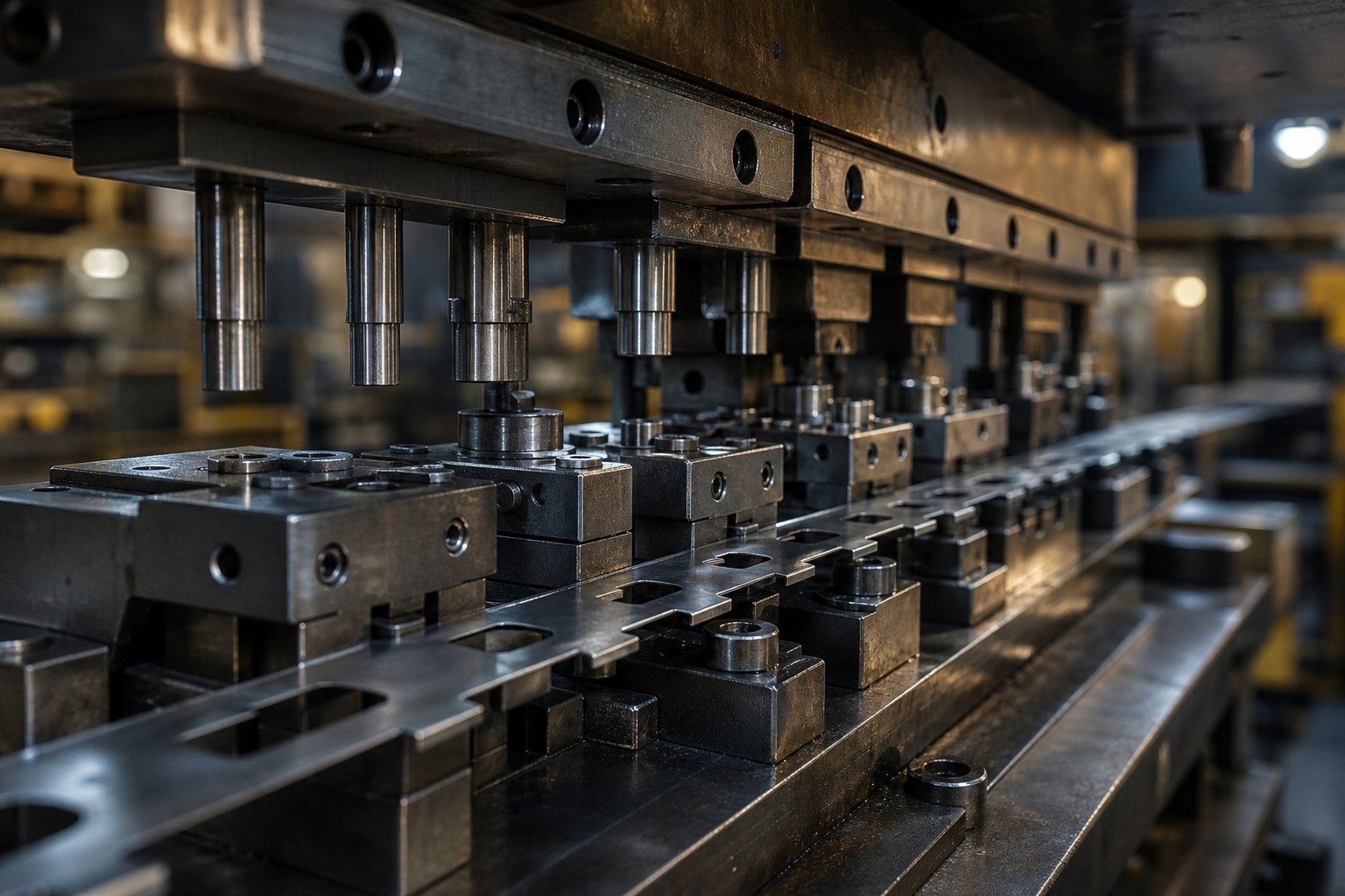 info-1-1 a progressive stamping die with multiple stations arranged in sequence ready for high volume metal part production