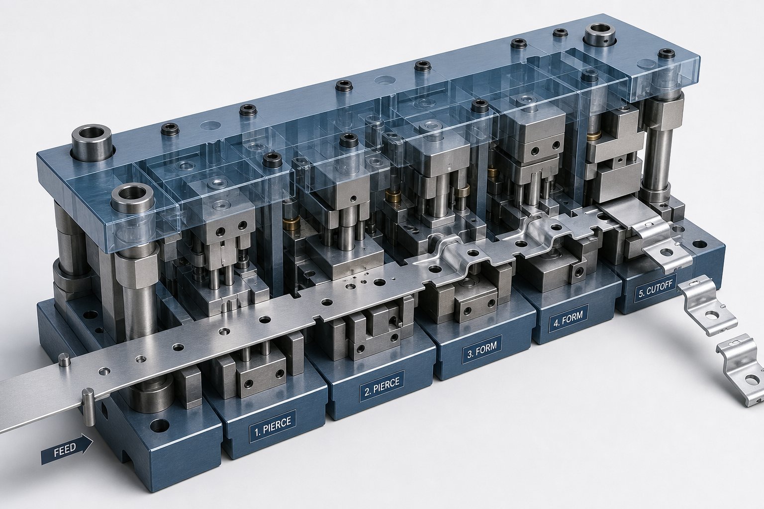 info-1-1 metal strip advancing through progressive die stations each performing a sequential forming operation