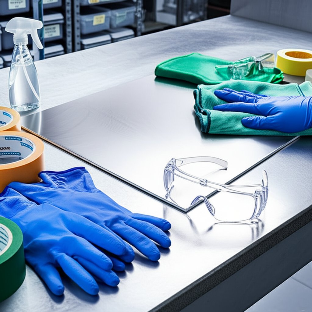 preparation and safety setup for cleaning and masking stainless steel before polishing