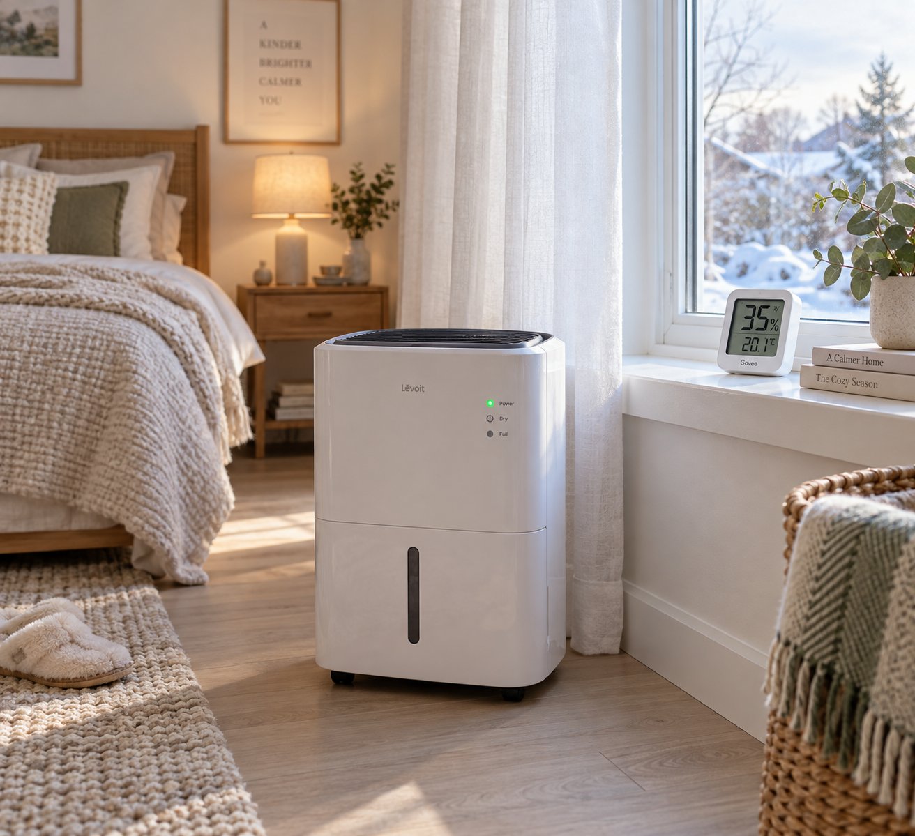 a portable dehumidifier paired with a hygrometer helps maintain ideal indoor humidity and prevent window condensation