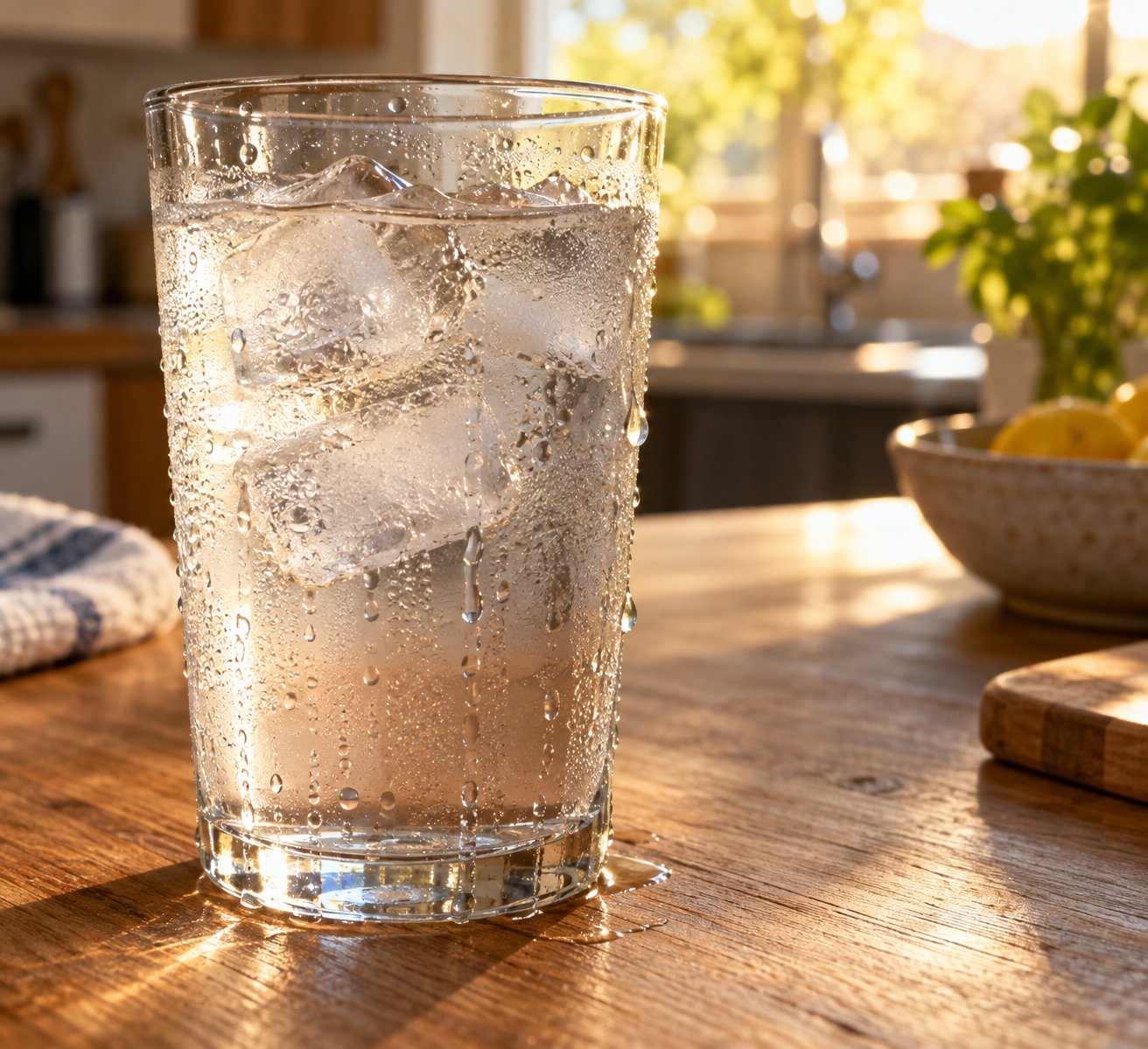 condensation on a cold glass illustrates the same dew point physics that causes winter window moisture