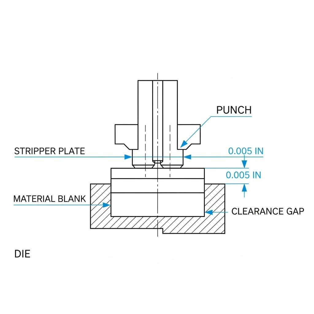 cross section diagram illustrating per side and total clearance measurements in punch and die assembly