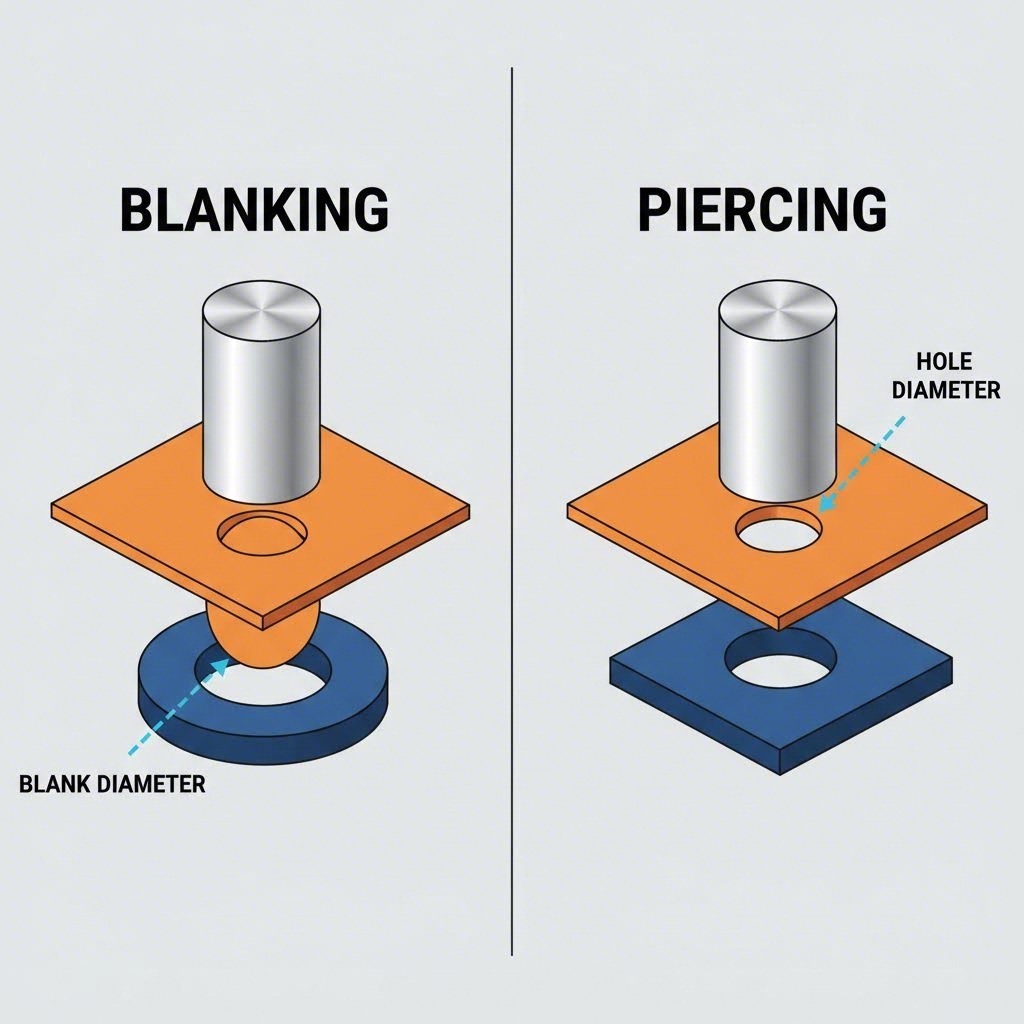 visual comparison of blanking versus piercing operations showing which tool determines final part dimensions