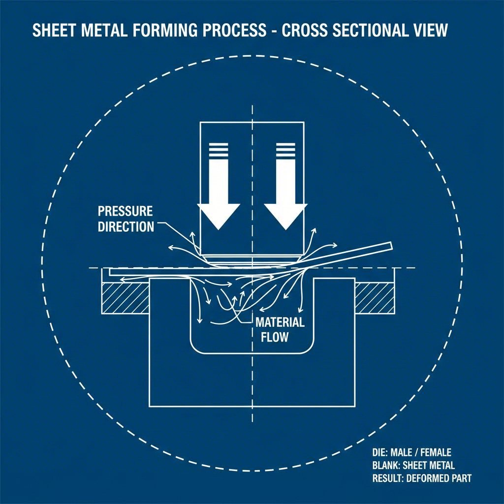 Cross section of the metal embossing process showing die interaction
