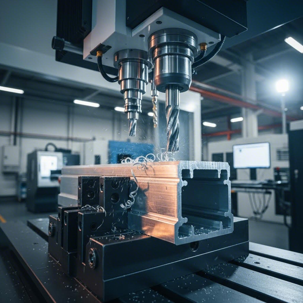 cnc machining center performing secondary operations on custom aluminum profiles