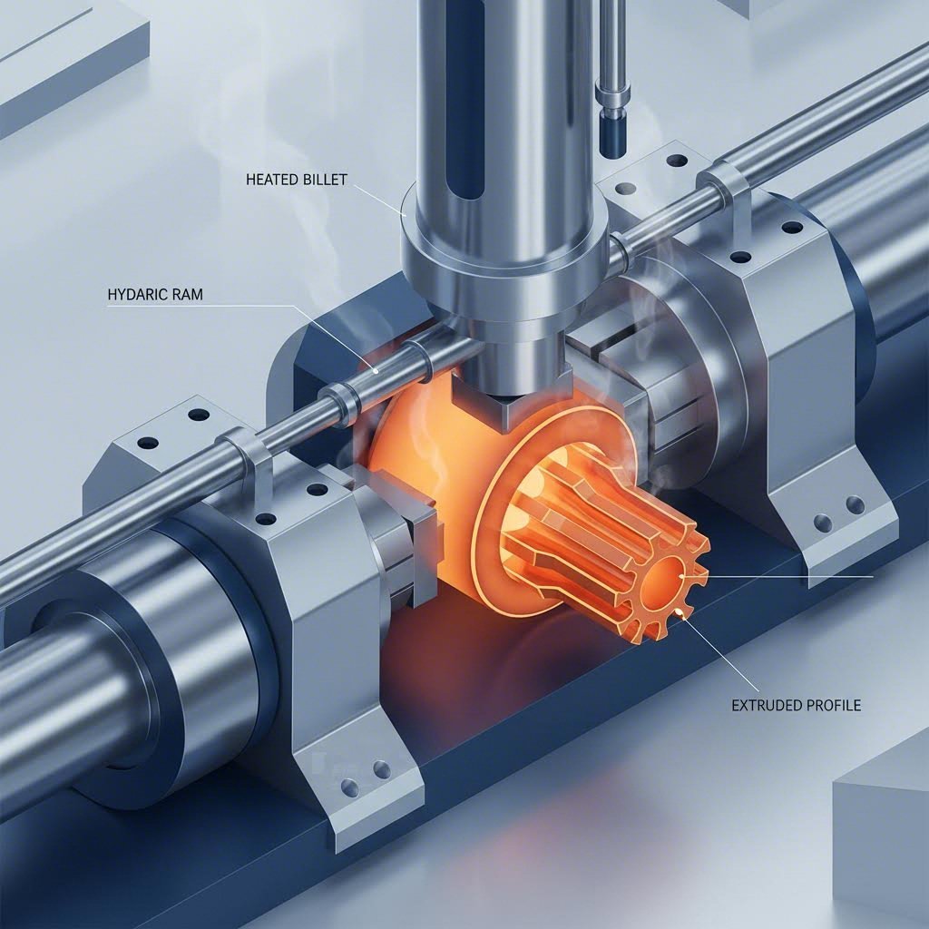 hot aluminum extrusion process forcing heated metal through a precision die