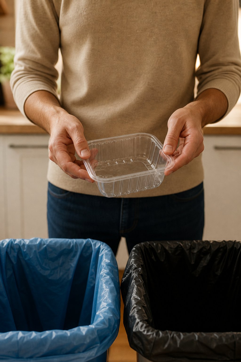a consumer deciding whether a plastic container belongs in the recycling or trash bin