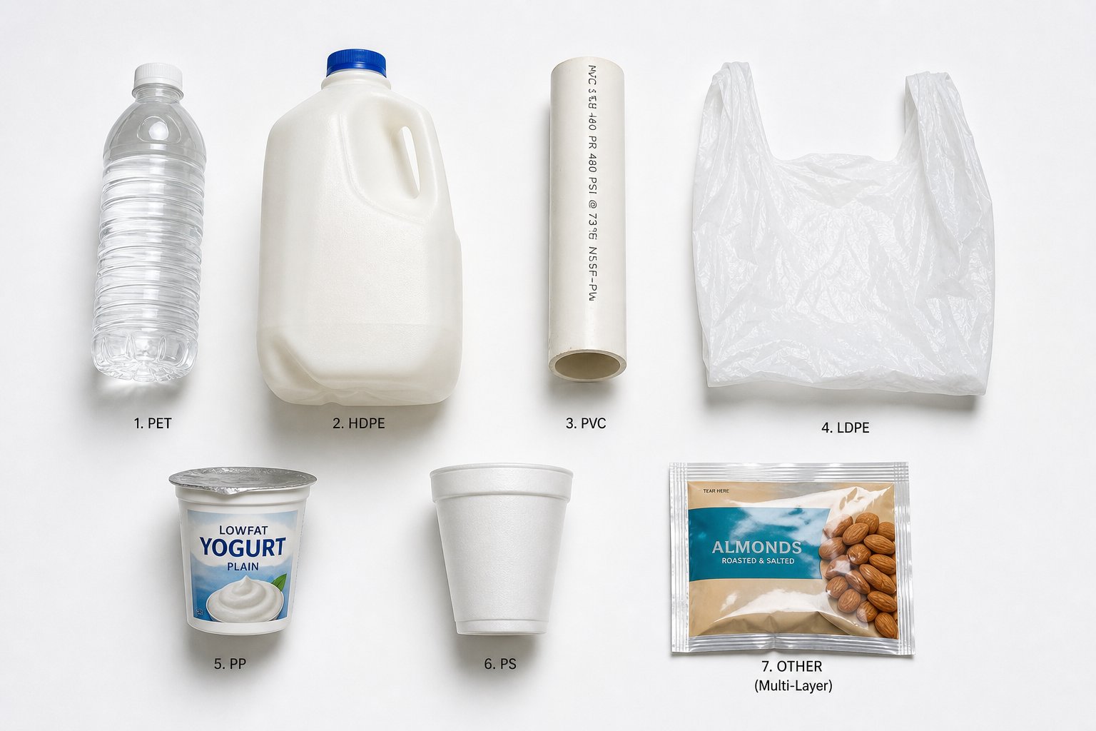 common plastic products representing the seven resin identification codes used in recycling systems