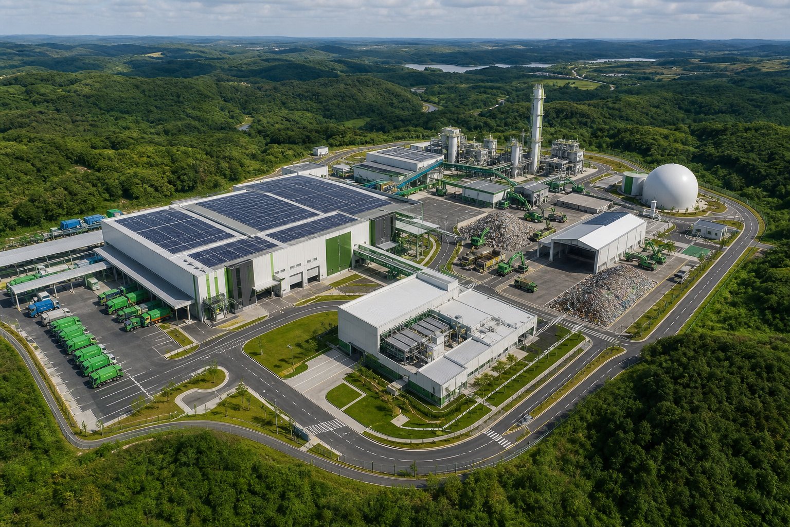 integrated recycling infrastructure campus illustrating the interconnected stages of a circular plastics economy