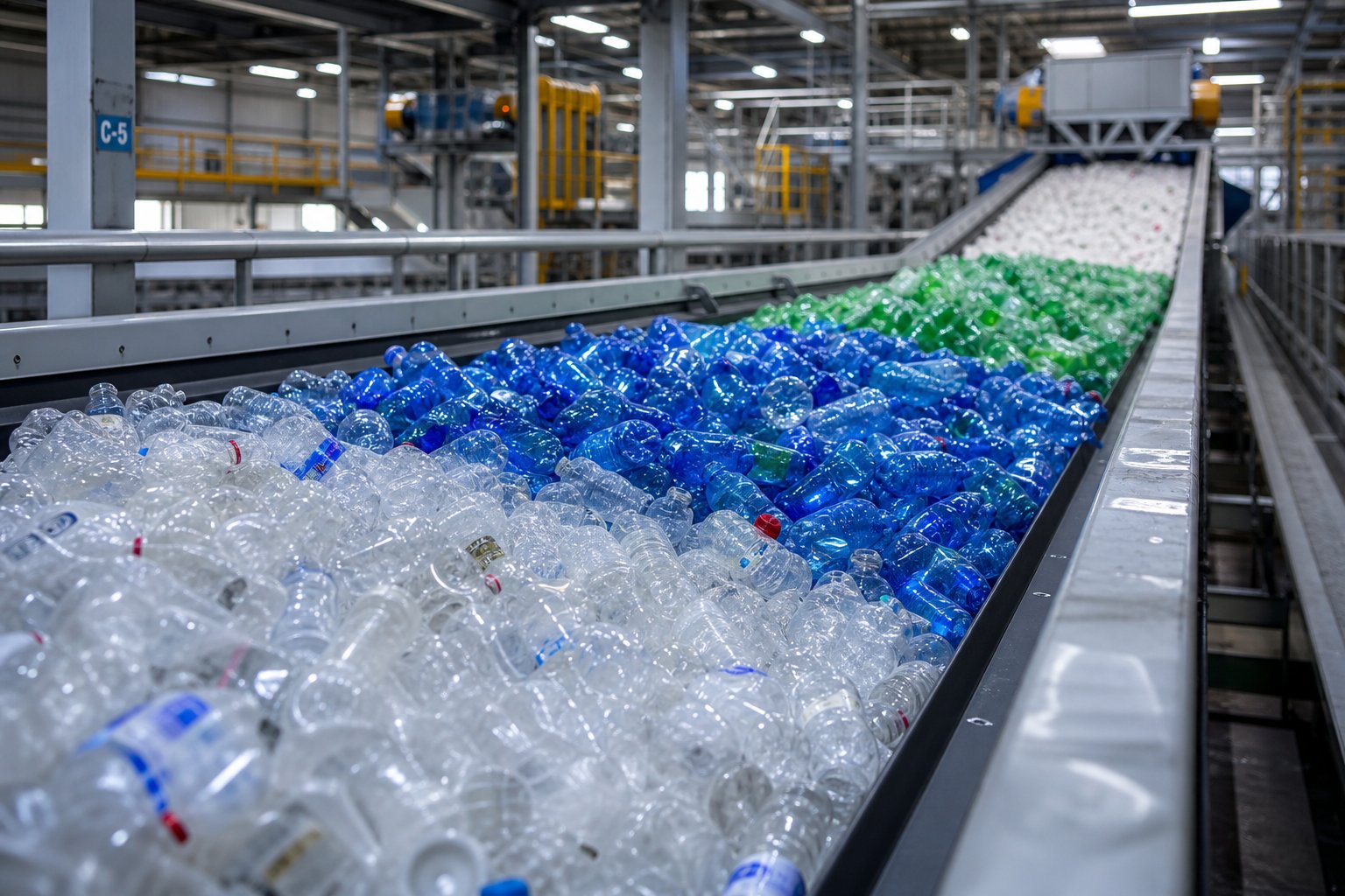 sorted plastic bottles and containers moving through a modern recycling facility conveyor system