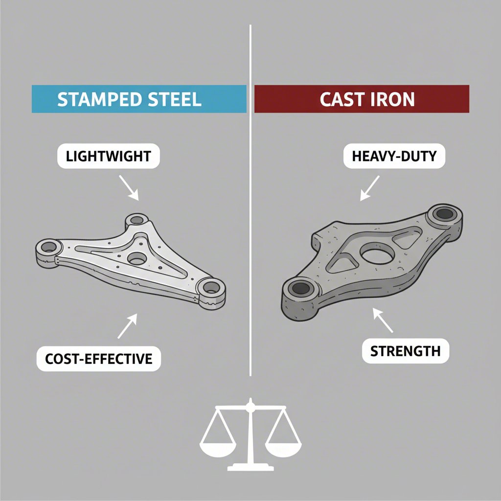 a visual comparison of stamped steel and cast iron control arms highlighting their key differences