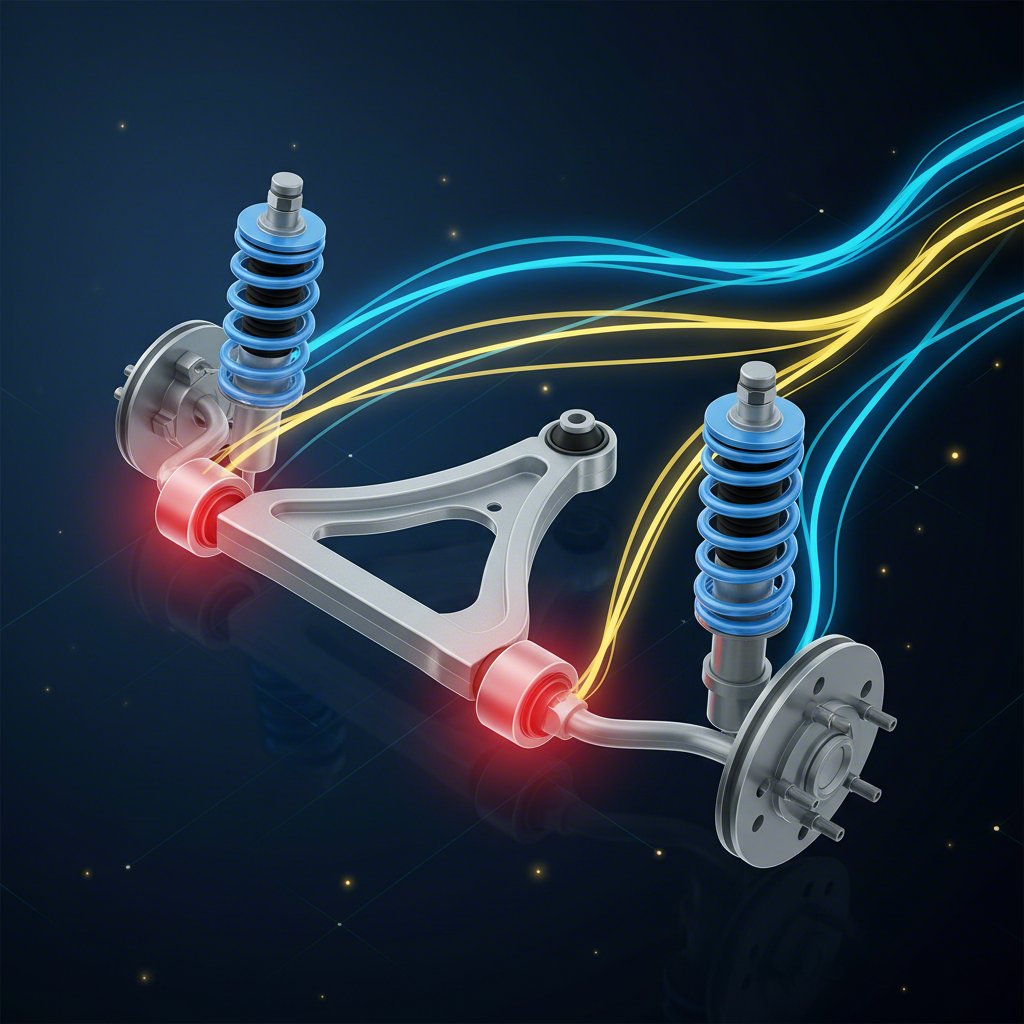 conceptual illustration of a vehicles suspension system showing the control arm and bushing under stress
