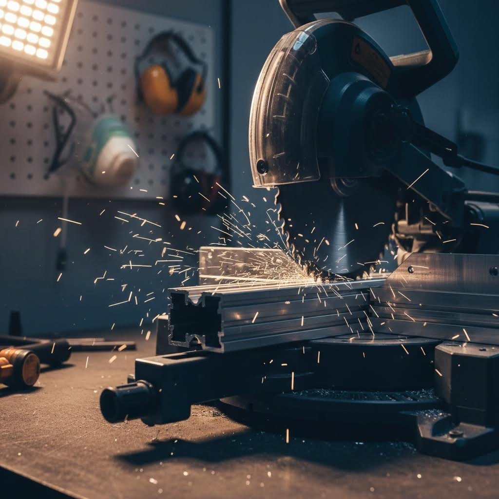 clean miter saw cut through aluminum t slot extrusion in professional workshop setting