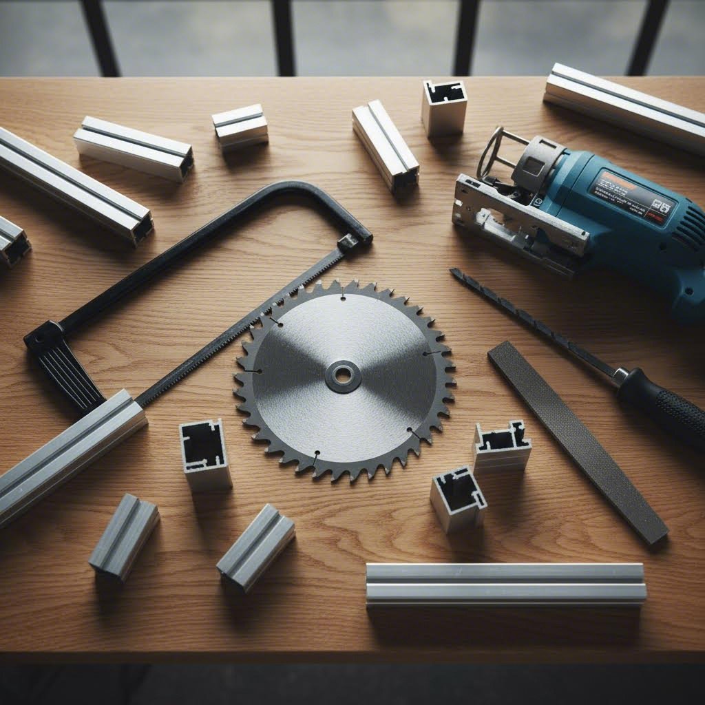 essential cutting tools for aluminum extrusion projects displayed on workshop bench