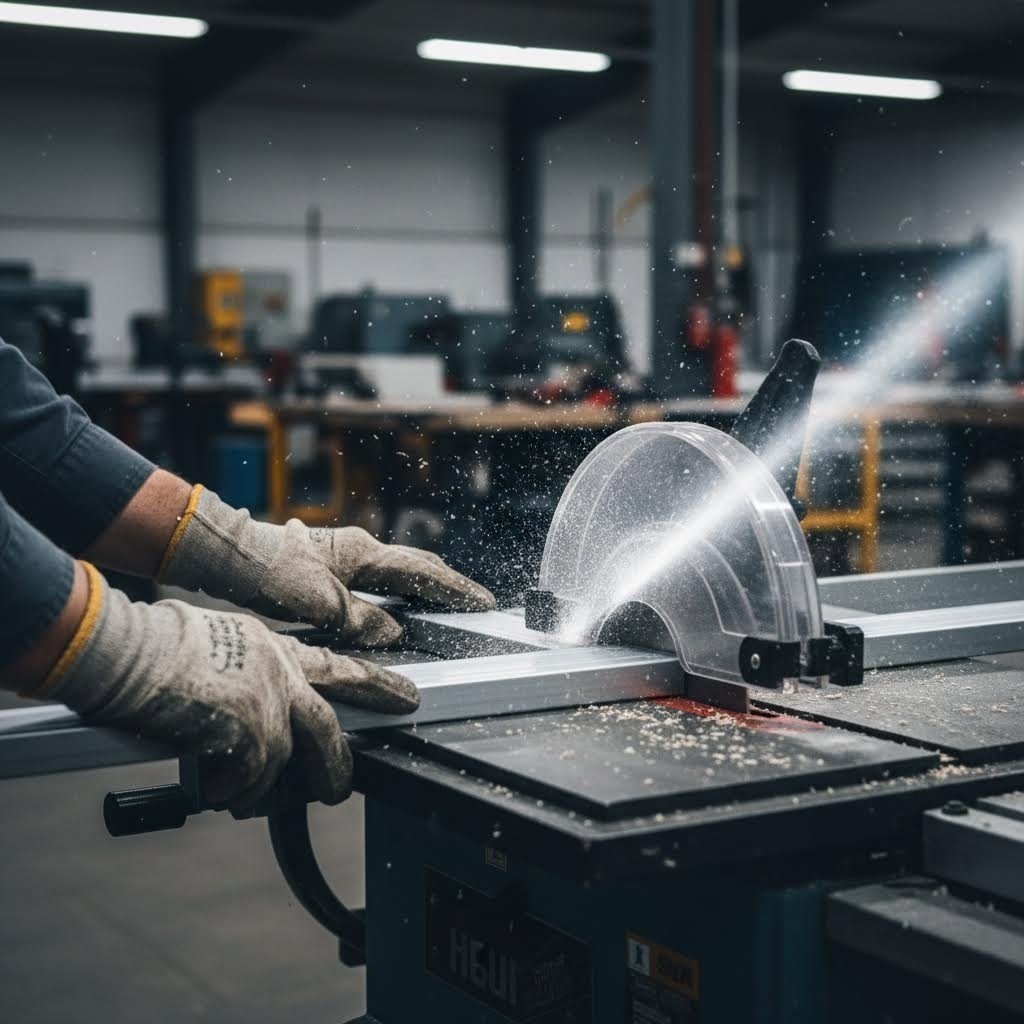 proper table saw technique for cutting aluminum extrusion with safety guard