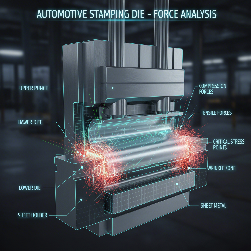 conceptual illustration of forces in automotive metal stamping