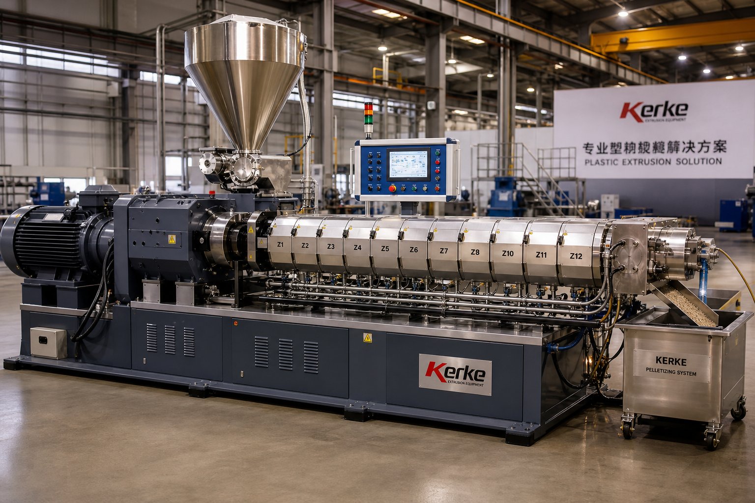 complete twin screw extrusion line from drive system to pelletizing die head in an industrial production environment
