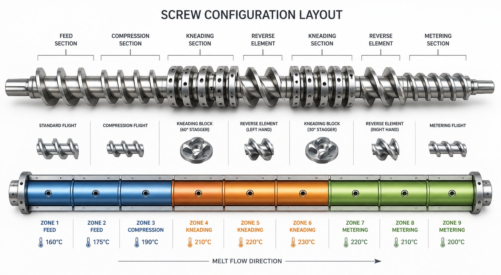 modular screw elements arranged along a shaft illustrating a typical twin screw extruder configuration layout