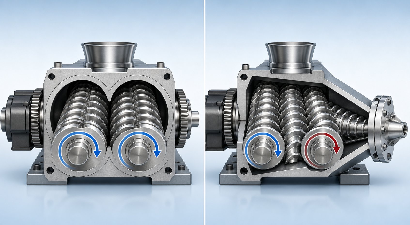 visual comparison of co rotating parallel and counter rotating conical twin screw extruder configurations