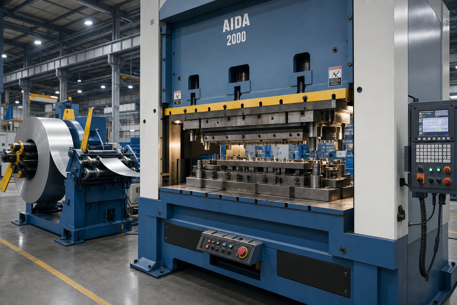a stamping die machine combining press force and custom tooling to transform coil stock into precision metal parts