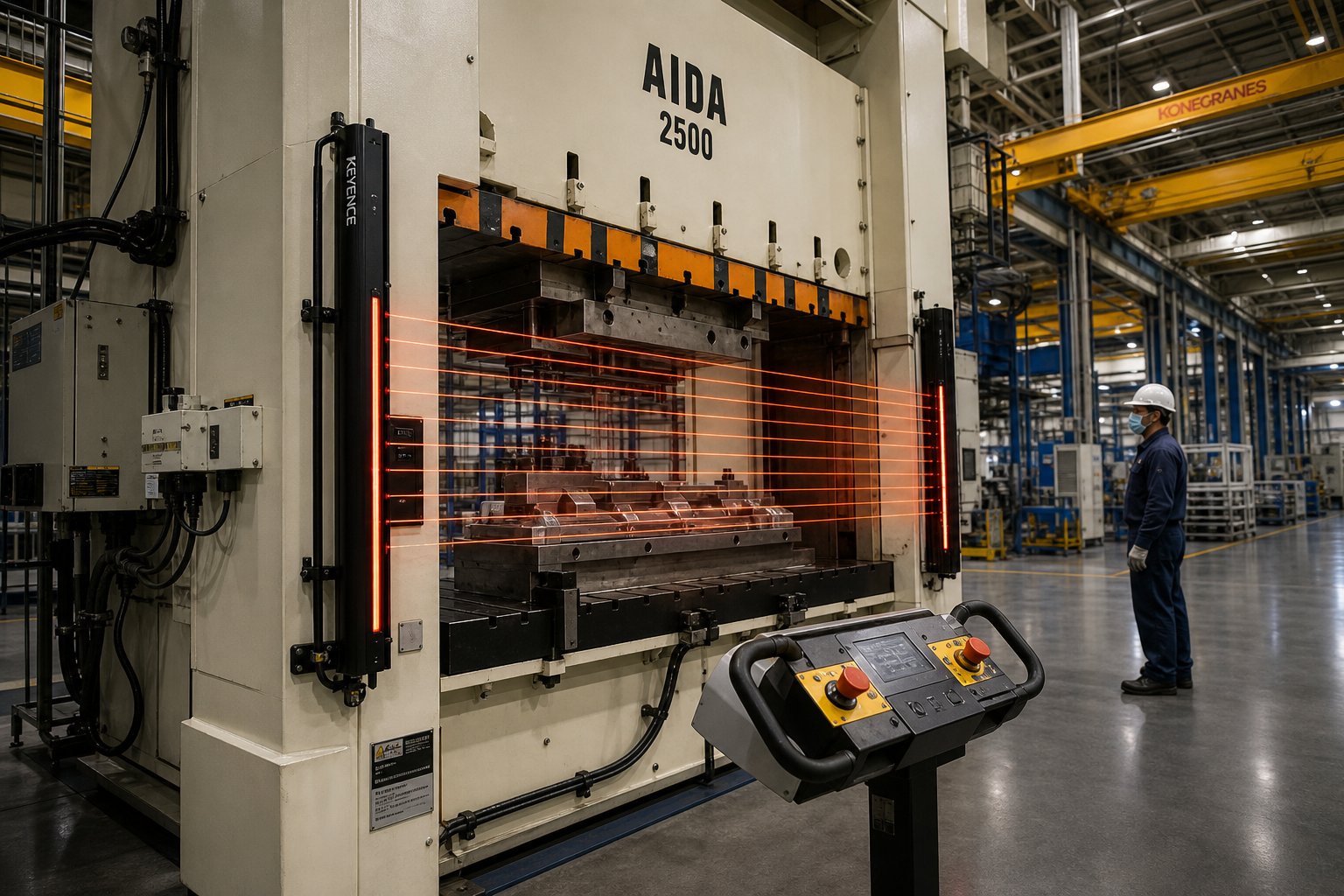 a stamping press line equipped with light curtains and operator safety controls in an automotive production environment