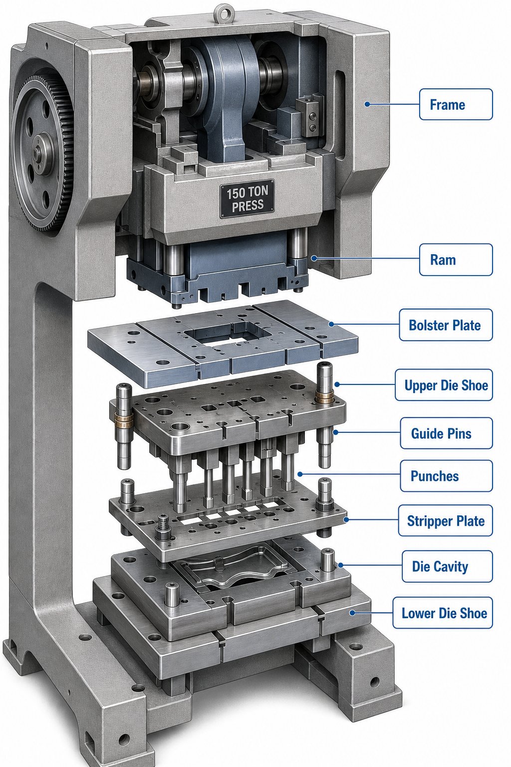 cutaway view of a stamping die machine showing press frame ram bolster plate and die set components