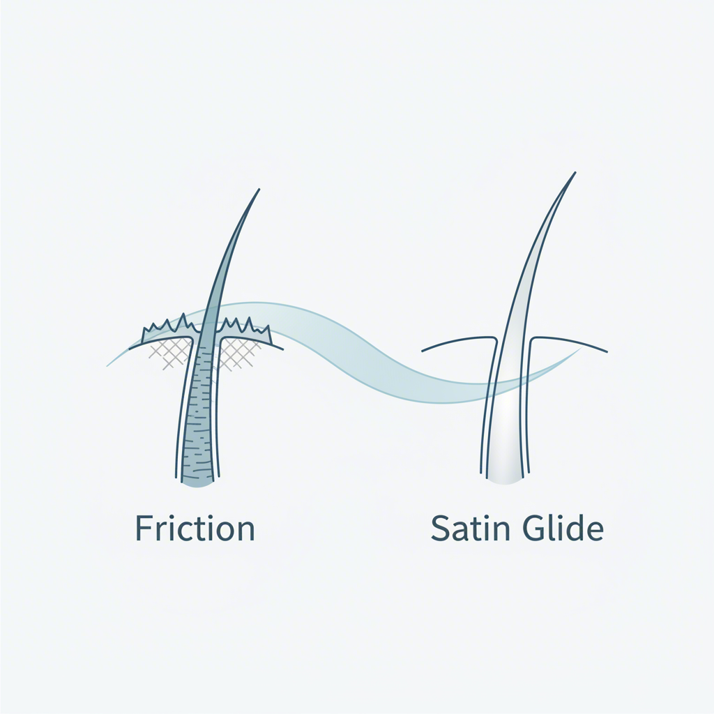 diagram showing how satins smooth surface prevents hair cuticle damage compared to friction