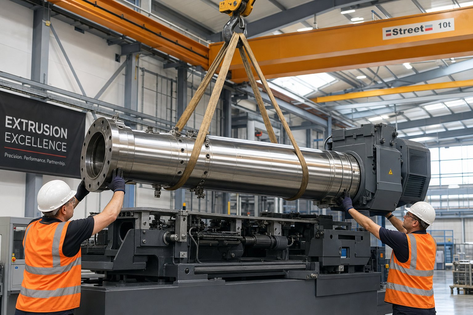 barrel installation on a single screw extruder using overhead crane and precision alignment procedures
