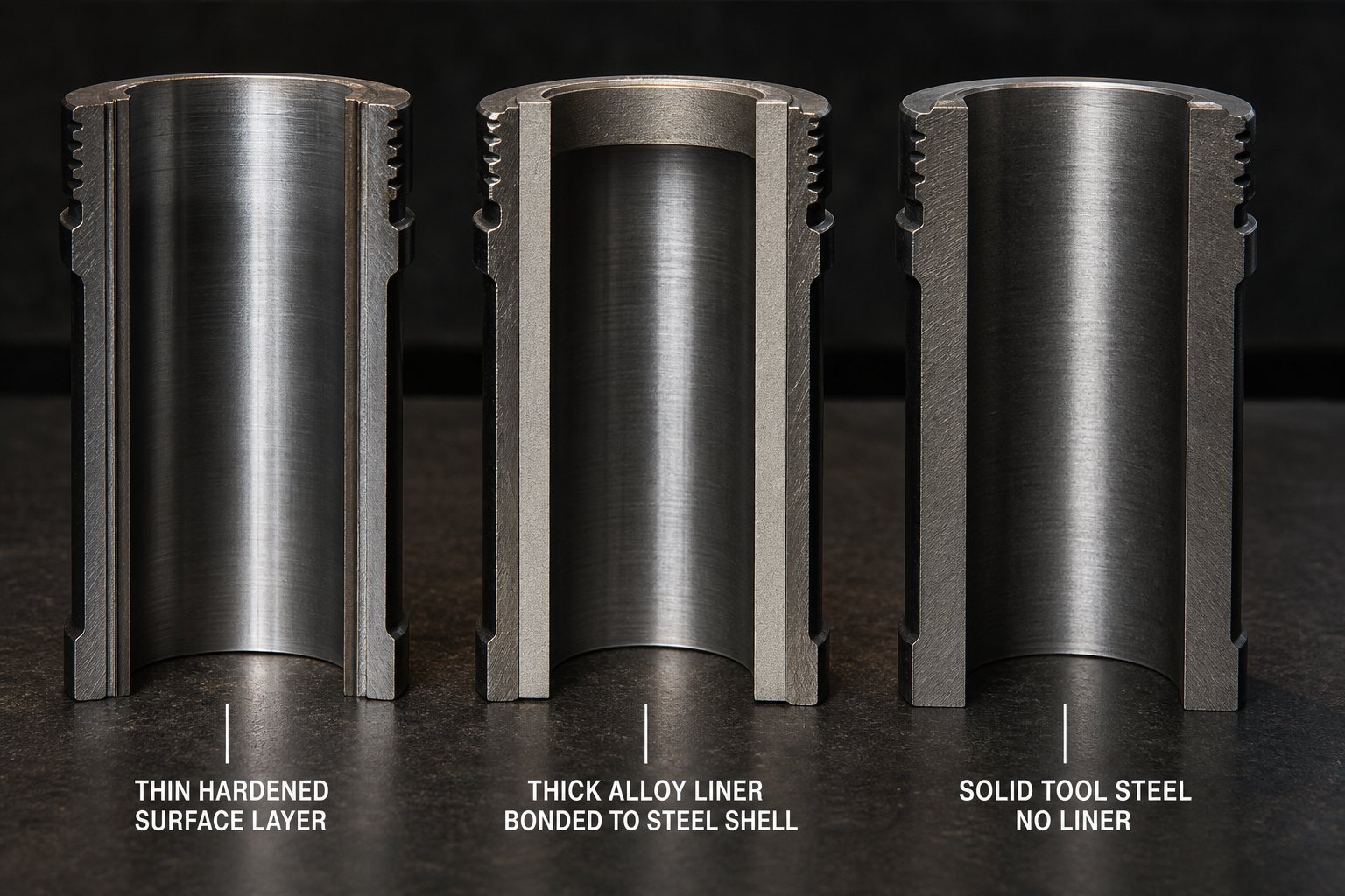 cross section comparison of nitrided bimetallic and tool steel lined extruder barrel constructions