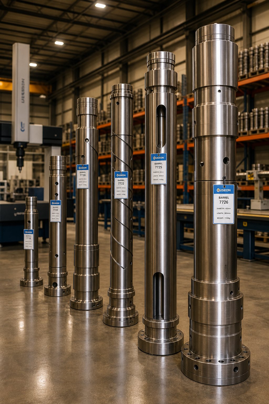 finished single screw extruder barrels of various sizes ready for quality inspection and shipment